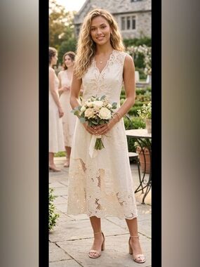 Sleeveless Ivory Lace Midi Dress - Elegant Bridal Occasion